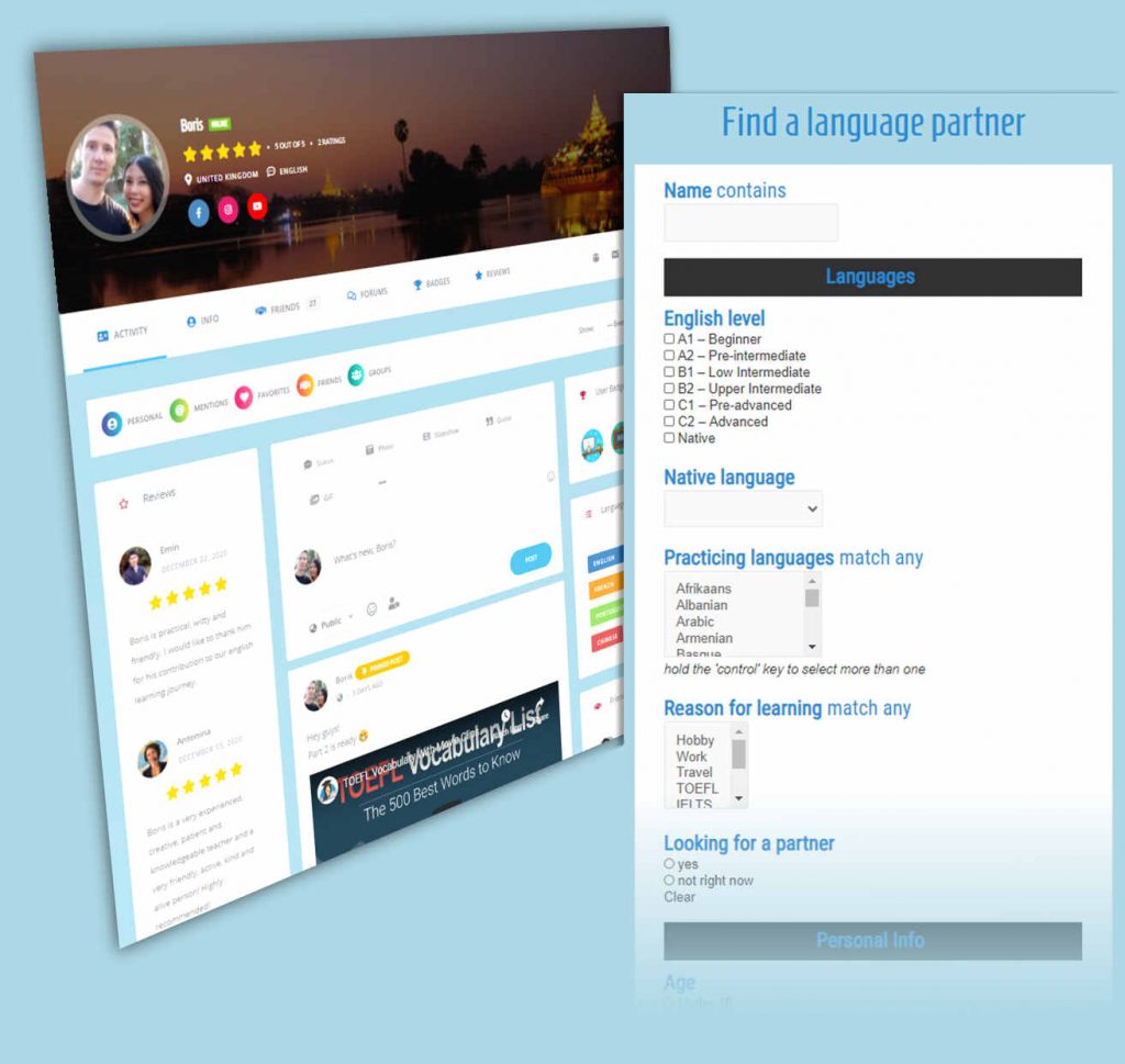 Speaking Club Profile example and Find a partner search form