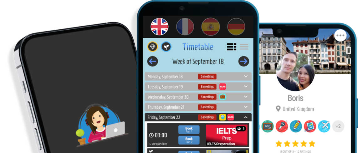 Phones displaying Speaking Club app screens